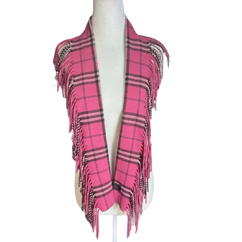Burberry 100% cashmere authentic happy double fringe hot pink plaid scarf vintag